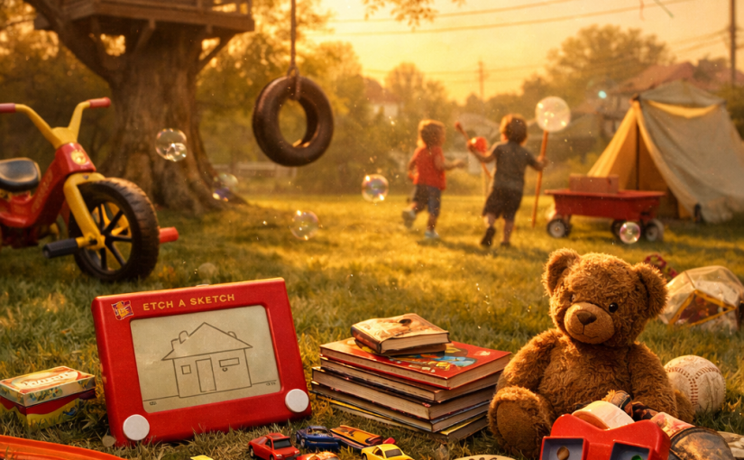 A collection of vintage toys including an Etch A Sketch, toy cars, crayons, a teddy bear, and books on grass