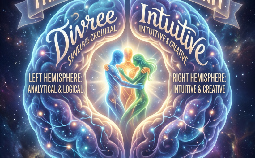 Diagram of brain hemispheres labeled with divine, intuitive, analytical, and creative traits
