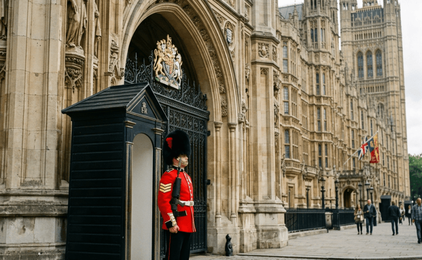 British ceremonial guard beside Westminster Abbey and Palace of Westminster