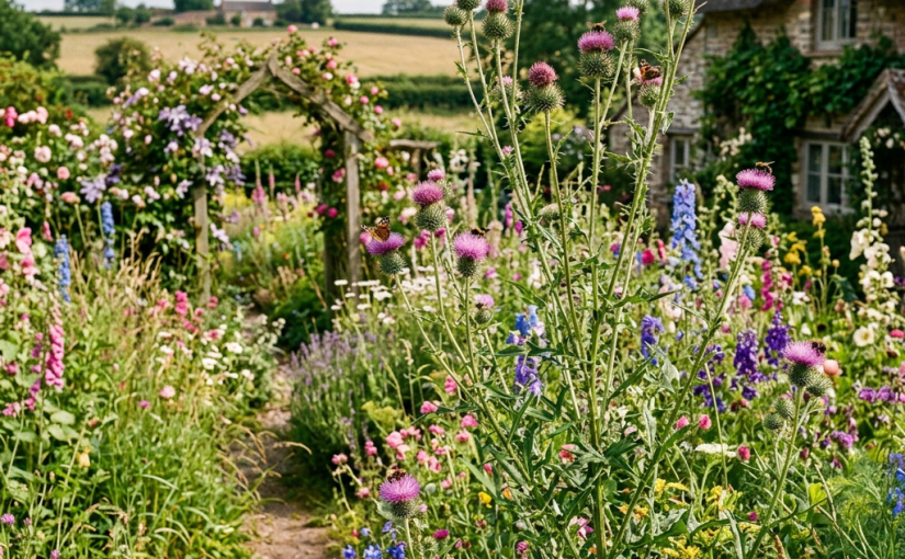 Flower-filled cottage garden path beside a thatched stone house